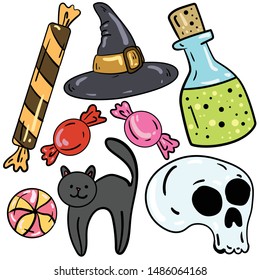 Color vector illustration with bottle, candy, witch hat,cat, potion, skull on white background. Logo and postcard elements. Hand drawn cartoon illustration. Good for printing. Halloween set.