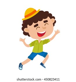 Color vector illustration of a boy jumping from joy. Happy hipster kid isolated on white background. Cartoon curly boy in hat used for child books, stickers, posters.