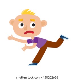 Color vector illustration of a boy running from fear. Sad kid isolated on white background. Cartoon blonde boy used for child books, stickers, posters.