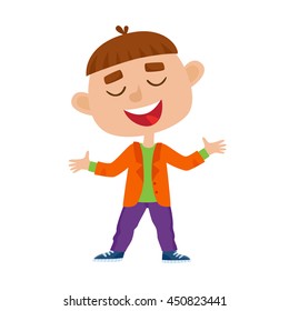 Color vector illustration of a boy standing and laughing. Pretty and pleased stylish hipster isolated on white background. Cartoon happy boy used for child books, stickers, posters.