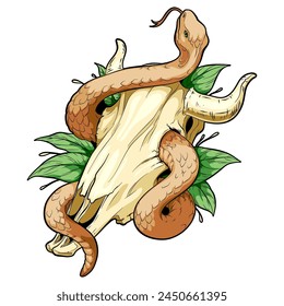 color vector illustration of a bull skull in leaves with a snake on a white background, stylish hipster boho tattoo