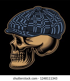 Color vector illustration of a bully skull in a checkered cap. Design for T-shirts. All elements, color, text are on the separate groups.