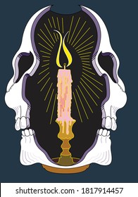 A color vector illustration of a burning candle within a split skull.