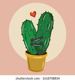 Color vector illustration of cactus succulent plants for Valentine day.