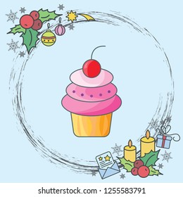 Color vector illustration. Cake with cherry. Cake icon
