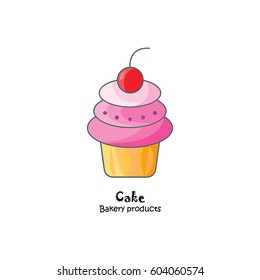 Color vector illustration. Cake with cherry. Cake icon
