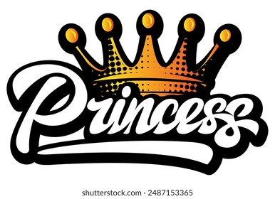 Color vector illustration with calligraphic inscription Princess and golden crown.