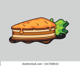 Color vector illustration of carrot cake isolated from the background. Logo design for bakery. A tasty slice of carrot cake with liquid drops of orange cream.