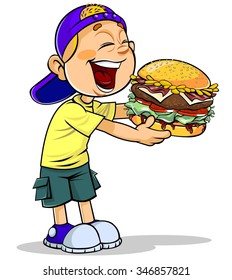 Color vector illustration of a cartoon boy eating burger.