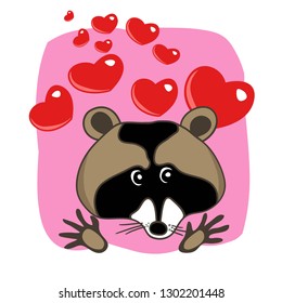Color vector illustration of a cartoon cute raccoon, greeting card Valentine's Day