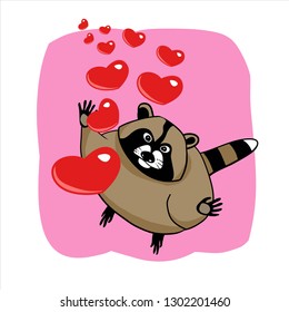 Color vector illustration of a cartoon cute raccoon, greeting card Valentine's Day