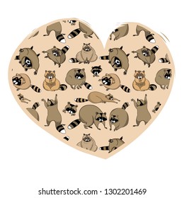 Color vector illustration of a cartoon cute raccoon, greeting card Valentine's Day
