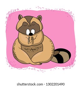 Color vector illustration of a cartoon cute raccoon, greeting card Valentine's Day