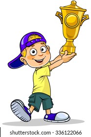 Color vector illustration of a cartoon schoolboy holding a trophy.