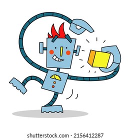 color vector illustration of a cheerful robot holding a box. On a white background.