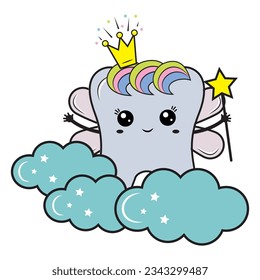 color vector illustration for children, tooth fairy on kawaii clouds, cartoon style