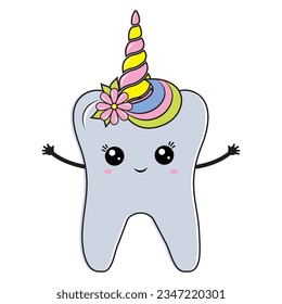 color vector illustration for children, tooth with unicorn horn, cartoon style
