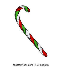 Color vector illustration. The Christmas cane. Sweet caramel stick. The design element is hand drawn and isolated on a white background. Doodle style