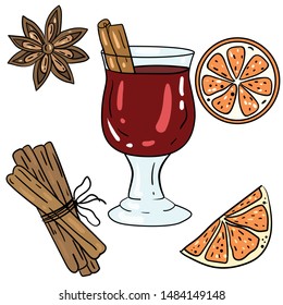 Color vector illustration with cinnamon, , anise, orange slice and glass of mulled wine on white background.  Postcard and logo ideas. Good for printing.