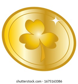  Illustration zur Vektorillustration der Farben. Münzklee funkelt. Verrückt. Das Laub einer Pflanze ist ein Symbol Irlands. Baumfolie. Geld mit goldener Farbe auf isoliertem Hintergrund. Idee für Buch, Web-Design. Flacher Stil.