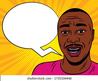 Color vector illustration in comic pop art style. Male surprised face with a speech bubble in the background. African American man in shock. Emotional male face close-up