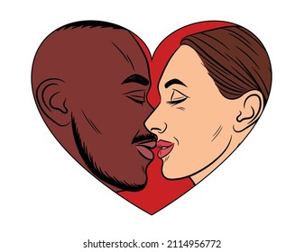 Color vector illustration in comic pop art style. A black man kisses a white woman. Valentine's day card in a heart-shaped frame. Interracial couple in love. Guy and girl in profile look at each other