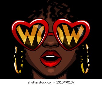 Color vector illustration in comic style. Female face in glasses with the inscription wow. Afro american woman in shock. The girl opened her mouth in surprise. Heart shaped glasses with text inside