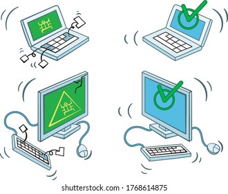 Color, vector illustration of a computer and laptop on which these devices are broken and repaired. On a white background.