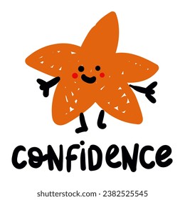 Color vector illustration of confidence, a star with emotions, a style of doodles and sketches. A big orange star with human emotions and branded joy in the interpretation of a child. Fun