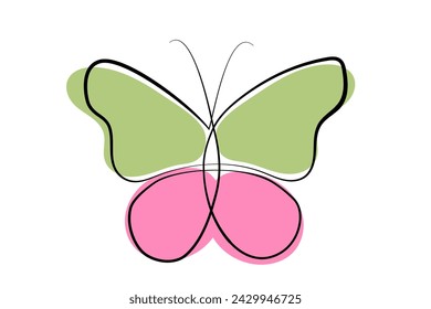 A color vector illustration with a continuous butterfly line.Butterfly silhouette in a continuous line for logo and tattoo.