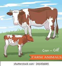 color vector illustration of a cow and her calf grazing in the meadow