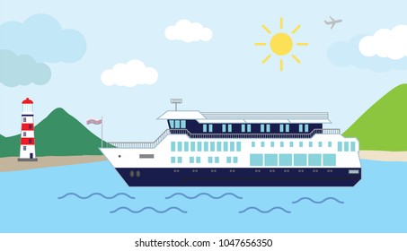 Color vector illustration of a cruiser ship,sailing into harbor ,on a sunny day.
