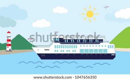 Color vector illustration of a cruiser ship,sailing into harbor ,on a sunny day.