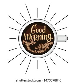 Color vector illustration of a cup of coffee top view and the inscription good morning in the middle. Poster for a cafe or restaurant with the phrase "good morning" isolated from white background