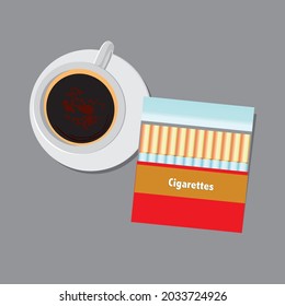 Color vector illustration of a cup of coffee and a cigarette