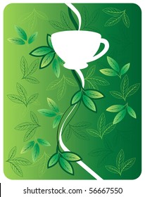 Color vector illustration of a cup and tea leaves - the theme of tea, tea-time. Can be used as background.