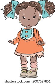 Color vector illustration: cute american doll in orange dress