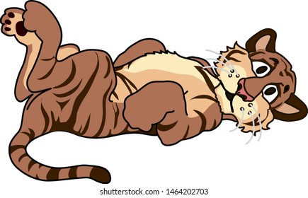 color vector illustration - cute awakened tiger cub lies and looks to the side - side view

