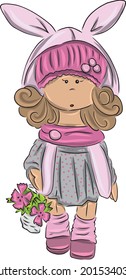 Color vector illustration: Cute bunny girl in pink