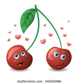 Color vector illustration of a cute cartoon lovers cherries