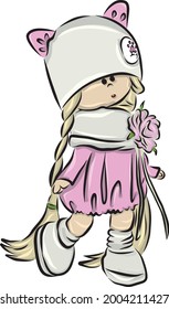 Color vector illustration: cute doll in pink dress with peony