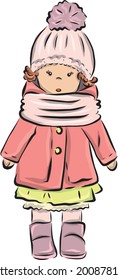 Color vector illustration: cute girl in coat and hat