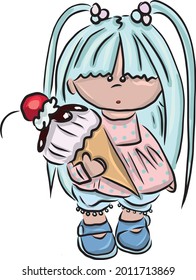 Color vector illustration: cute girl with cherries
