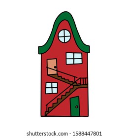 Color vector illustration with cute little house in carton style. One of a series of colored houses. Drawn by hand. Illustration for children. Isolated on a white background.
