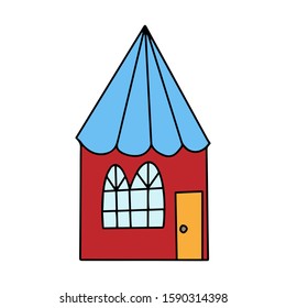 Color vector illustration with cute little house in carton style.   Drawn by hand. Illustration for children. Isolated on a white background.