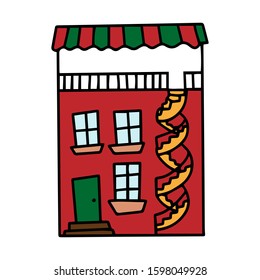 Color vector illustration with cute little house in carton style. One of a series of colored houses. Drawn by hand. Illustration for children. Isolated on a white background.