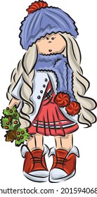 Color vector illustration:  Cute student with a bouquet