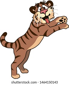 color vector illustration - cute tiger cub plays up on its hind legs - side view