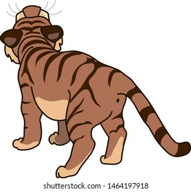 color vector illustration - cute tiger cub stands and looks up - rear view
