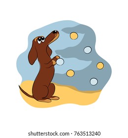 color vector illustration of dachshund next to christmas tree